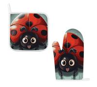 Heat Resistant Oven Mitt & Pot Holder Set, Thick Soft Cotton with Hanging Loop, Cartoon Ladybug Oven Mitt & Non-Slip Hot Pad for Kitchen, Microwave, BBQ Grilling