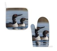 Heat Resistant Oven Mitt & Pot Holder Set, Thick Soft Cotton with Hanging Loop, Loon Birds Oven Mitt & Non-Slip Hot Pad for Kitchen, Microwave, BBQ Grilling