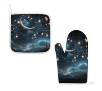 Heat Resistant Oven Mitt & Pot Holder Set, Thick Soft Cotton with Hanging Loop, Nightsky Hanging Moon Stars Oven Mitt & Non-Slip Hot Pad for Kitchen, Microwave, BBQ Grilling