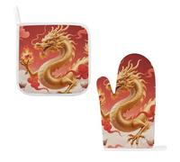 Heat Resistant Oven Mitt & Pot Holder Set, Thick Soft Cotton with Hanging Loop, Oriental Dragon Orb Oven Mitt & Non-Slip Hot Pad for Kitchen, Microwave, BBQ Grilling
