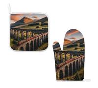 Heat Resistant Oven Mitt & Pot Holder Set, Thick Soft Cotton with Hanging Loop, Sunset Over Elevated Bridge Oven Mitt & Non-Slip Hot Pad for Kitchen, Microwave, BBQ Grilling