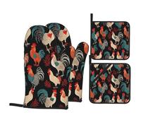 Heat Resistant Oven Mitts And Pot Holders Set 4 Piece, French Roosters Oven Glove, Non-Slip Kitchen Baking Gloves & Insulating Hot Pads For Cooking, Bbq, Baking Accessories With Hanging Loop