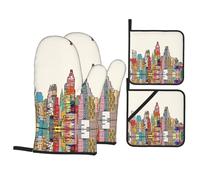 Heat Resistant Oven Mitts and Pot Holders Set â€“ Cartoon Austin Texas Full-Print Design for Kitchen, BBQ, Baking, Grilling