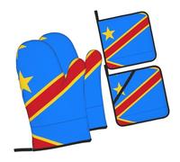 Heat Resistant Oven Mitts and Pot Holders Set â€“ Insulation Decor, Microwave & BBQ Safe, Flag of the Congo Full-Print Design