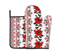 Heat Resistant Oven Mitts And Pot Holders Sets Of 2 - Ukrainian Embroidery Style Rose Printed Kitchen Non-Slip Waterproof Oven Gloves For Baking Cooking Bbq