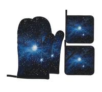 Heat Resistant Oven Mitts and Pot Holders Sets of 4 - Blue Shining Star Printed Kitchen Non-Slip Waterproof Oven Gloves for Baking Cooking Bbq