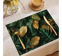 Heat Resistant Placemats Set of 4, Green Gold Jungle Plants Placemats for Dining Table, 45x30cm Luxury Tropical Plants Place Mats, Place Mat for Kitchen Dining Table Decor, Dark Green