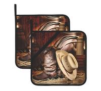 Heat Resistant Potholders Set – Cowboy Black Hat Western Boots Full Print Pot Holders, Oven Mitts, BBQ & Baking, Square Design for Kitchen