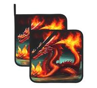 Heat Resistant Potholders Set â€“ Dragon King in Fire Full Print Pot Holders, Oven Mitts, BBQ & Baking, Square Design for Kitchen
