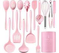 Heat-Resistant Silicone Kitchen Utensil Set - Non-Slip All-in-One Cooking Tools with Spoons, Spatulas & More - Available in 12/15/32 Piece Sets (Pink,15)