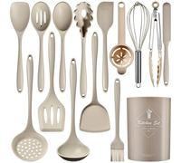 Heat-Resistant Silicone Kitchen Utensil Set - Non-Slip All-in-One Cooking Tools with Spoons, Spatulas & More - Available in 12/15/32 Piece Sets (Khaki,15)