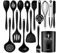Heat-Resistant Silicone Kitchen Utensil Set - Non-Slip All-in-One Cooking Tools with Spoons, Spatulas & More - Available in 12/15/32 Piece Sets (Black,15)