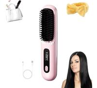 Heated Brush for Short Hair, Cordless Hair Straightener Brush, Portable Rechargeable Mini Hair Straightener Comb, 3 Heat Settings & LED Screen, Fast Heating & Frizz-Free Styling for Travel (Pink)