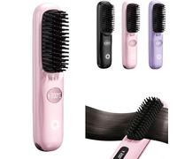 Heated Brush for Short Hair, Cordless Hair Straightener Brush - USB Charging,3 Heat Settings,LED Screen,Anti-Scald Design,Portable Straightener Brushes for Travel & Home Hair Styling (Pink)