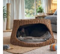 Heated Cat Bed Cave, Woodland Tree Stump Cat House for Indoor Cats, 2-in-1 Self-Warming Cat Den with Removable Heating Pad, Realistic Hollow Log Pet Hideaway, Cozy Cat Condo for Kittens