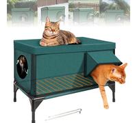 Heated Cat House for Outside, Include Waterproof Eaves & Escape Door, Insulated Weatherproof Heated Outdoor Cat House, Elevated Outdoor Cat Shelter for Feral Stray Cat(Green,M)