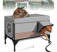Heated Cat House for Outside, Include Waterproof Eaves & Escape Door, Insulated Weatherproof Heated Outdoor Cat House, Elevated Outdoor Cat Shelter for Feral Stray Cat(Grey,S)
