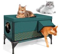 Heated Cat House, Insulated Outdoor Shelter with Two Exits, Elevated Feral Cat Shelter with Waterproof Eaves and Escape Door for Outside Stray Barn Cat L(65 * 42 * 30cm)