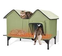 Heated Cat House, Widened and Enlarged Outdoor Cat House Waterproof with Two Escape Doors and Heating Pad, Elevated Insulated Winter House, Sturdy Outdoor Cat Shelter for Multiple Cats Dogs (Green)