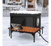 Heated Outdoor Cat House Weatherproof with Heating Pad, Heated Cats House for Outside, Insulated Feral Cat Houses for Outdoor Cats with Safe Escape Door, Elevated Outside Stray Cats Shelter(S)