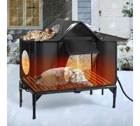 Heated Outdoor Cat House Weatherproof with Heating Pad, Insulated Feral Cat Houses for Outdoor Cats, Safe Escape Door, Heated Cats House for Outside, Outside Stray Cats Shelter with Elevated Base(L)