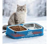 Heated Water Bowl for Cats in Winter, 56 OZ Outdoor Heated Dog Bowl with Raised Brackets to Protect Pet's Neck, Heated Pet Bowl with 2 Stainless Steel Bowl, Automatic No Freeze, Anti Chew Cord
