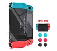 HEATFUN Dockable Clear Case for Nintendo Switch - Transparent Protective Shell with Tempered Glass Screen Protector & 6 Thumb Grips - Dock Compatible, Not for OLED or Switch 2