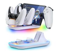 HEATFUN PS Portal Charger, 3-in-1 Charger Dock for PS Portal and PS5 Controllers, with 14 RGB Lights, Type-C Cable - White