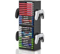 HEATFUN Video Game Storage Tower Stand for PS5 Xbox Switch - Holds 24 Games and 4 Controllers - Compact Vertical Gaming Organizer with Stable Base - Easy Assembly and Space Saving Shelf for Gamers