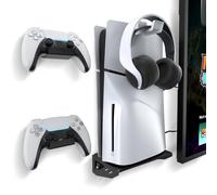 HEATFUN Wall Mount Kit for PS5 Slim 2023 (Disc and Digital Edition), Stand with 2 Controller Holders 1 Headphone Hook, Upgraded Floating Screw Fixing - Black