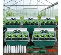 Heather Henbury Seed Starter Tray Set, 5 Pack, 12-Cell Trays with Clear Dome Lids, Adjustable Vents, Green, Includes Plant Labels and Garden Tools - (60 planting cells total) Complete with tools