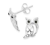 Heather Needham Sterling Silver Owl Earrings with black Cubic Zirconia eyes - SIZE: 10mm. Gift Boxed. 5239/HNbox