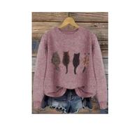 (Heather Violet, M) Women's Cat Print Drop Shoulder Sweater,Elegant Chic Casual Long Sleeve Round Neck Jumper for Fall&Winter,Fashion Ladies' Knitwear for Daily Wear