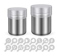 Heatigo 2 Pack Stainless Steel Powder Shakers, Chocolate Shaker Duster, Coffee Cocoa Dredges with Fine-Mesh Lid, Power Can for Baking Cooking Home Restaurant with 16 Pcs Printing Molds Stencils