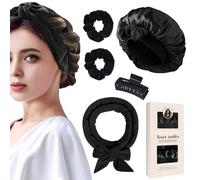 Heatless Curling Set,Velvet Hair Curler with Sleep Cap, DIY Hair Curling Band Styling Kit, Overnight Hair Rollers, Heatless Curls Band for Long Medium Hair - Black
