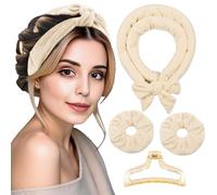 Heatless Curls Hair Curlers to Sleep in - Velvet No-Heat Overnight Curling Rod Headband Set for Long Hair, with Scrunchies & Clip, Wake Up to Beach Waves (Beige, Pack of 1)