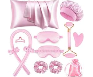 Heatless Curls Overnight Hair Curlers with Satin Pillowcase for Hair and Skin Queen Set, Sleeping Bonnet Eye Mask and Face Massager, 12pcs Hair Styling Tools Set for Sleeping(Pink)