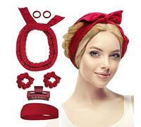 Heatless Extra Long 61" Velour Curling Ribbon Kit for Women - No Heat Cotton Overnight Curls Headband Soft Curling Rod You Can Sleep In (Black) (Red)