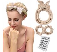 Heatless Hair Curlers to Sleep in Heatless Curling Rod Headband For Long Hair Overnight Heatless Curls For Women velvet Hair Rollers, Satin Bonnet,Scrunchie, False Eyelashes, 5 Pieces Set (khaki)
