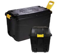 HEATON WHOLESALE 2 X 110L Xl Indoor Outdoor Black Plastic Storage Trunk Heavy Duty Complete With Wheels & Handles