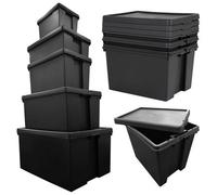 HEATON WHOLESALE 5 X 24 Litre Strong Black Extra Large Stackable Impact Resistant Plastic Containers With Lids