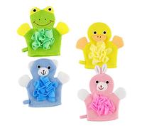 HEATSHAKING 4Pcs Cartoon Bath Scrubbing Gloves for Comfortable Exfoliating Bath Mitts Fun Animal Designs Duck Frog Rabbit Bear for Daily Cleaning and