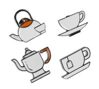 HEATSHAKING Cute Coffee Teapot Brooch Pin Unique Artistic Design 4pcs in White Alloy with Enamel Craftsmanship for Daily Use and Tea Party, Collectible Lapel Pin Badge for Women