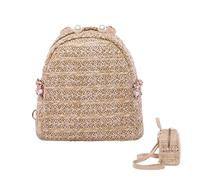 HEATSHAKING Lightweight Straw Lady Backpack with Pearl Decoration, Breathable Khaki Mini Travel Bag for Outdoor Leisure, Simple and Fashionable Design for Women