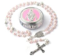 Heavelove Miraculous Metal Gift Box Caps Rosary Packed Glass Pearl Beads with 8mm Our Father Beads (Pink)