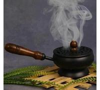 Heaven Decor Metal Incense Loban Burner with Wooden Handle, Black Sambrani Dhoop Burner for Home Temple Office