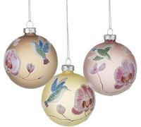 Heaven Sends Birds And Flowers Glass Baubles, Set Of 3, Handpainted Designs For Christmas Tree