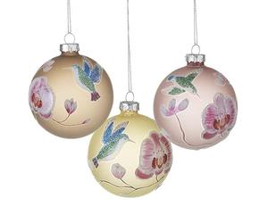 Heaven Sends Birds And Flowers Glass Baubles, Set of 3, Handpainted Designs For Christmas Tree