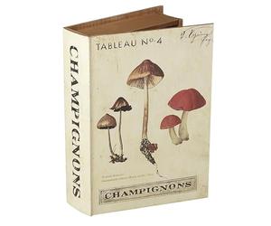 Heaven Sends Champignons Mushroom Wooden Book Storage Box - Large Decorative Faux Book with Vintage Mushroom Design - Natural Wood Secret Storage Organiser