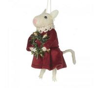Heaven Sends Christmas Felt White Mouse Hanging Decoration In Burgundy Velour Dress With Golden Wreath, 11.5 X 9 X 6 Cm